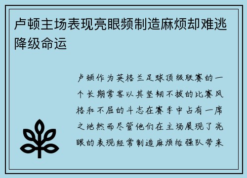 卢顿主场表现亮眼频制造麻烦却难逃降级命运